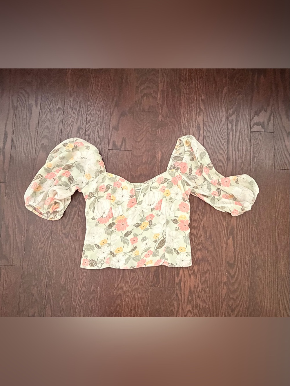 Floral Puff-Sleeve Square Neck Crop Top - Cream with Pink & Yellow Flowers